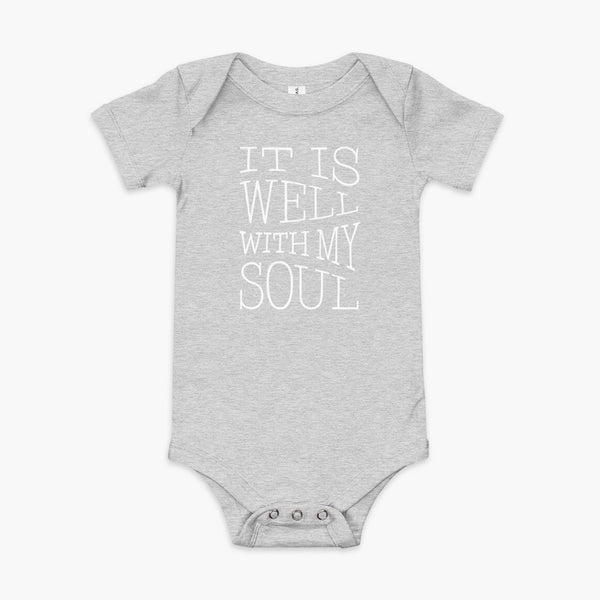 The lyrics from a hymn penned by Horatio Spafford written in a waves river like design on a athletic grey infant onesie
