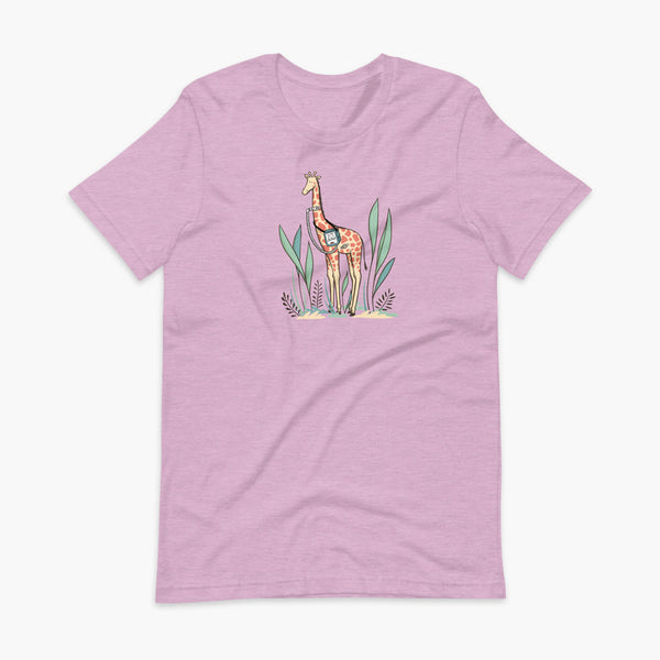 A giraffe with a trach or tracheostomy and a ventilator and g-tube mic-key button standing in a shrubbery with a stoma on a heather lilac adult t-shirt