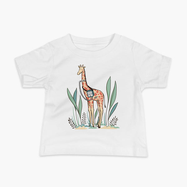 A giraffe with a trach or tracheostomy and a ventilator and g-tube mic-key button standing in a shrubbery with a stoma on a white infant t-shirt