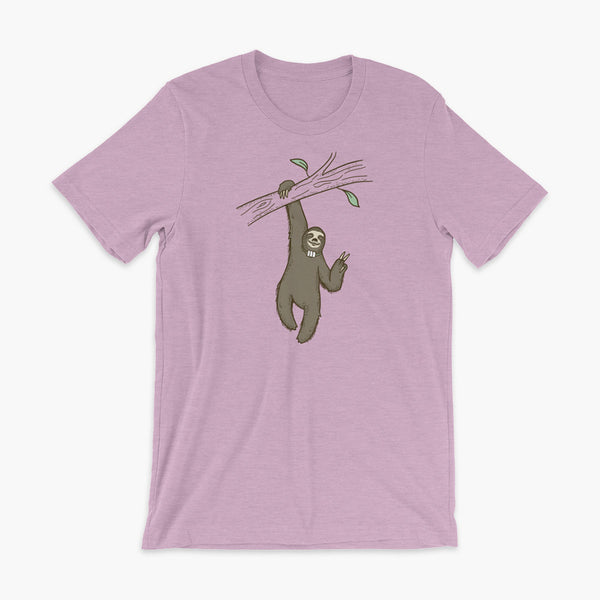 A lazy sloth just hangs from a tree flashing a peace sign with a trach or tracheostomy and an HME for humidification on a lilac adult t-shirt