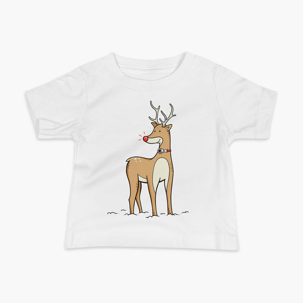 A Christmas reindeer standing in the snow with a tracheostomy or trach and a bright shiny red nose. It has a trach on a StomaStoma white adult t-shirt.