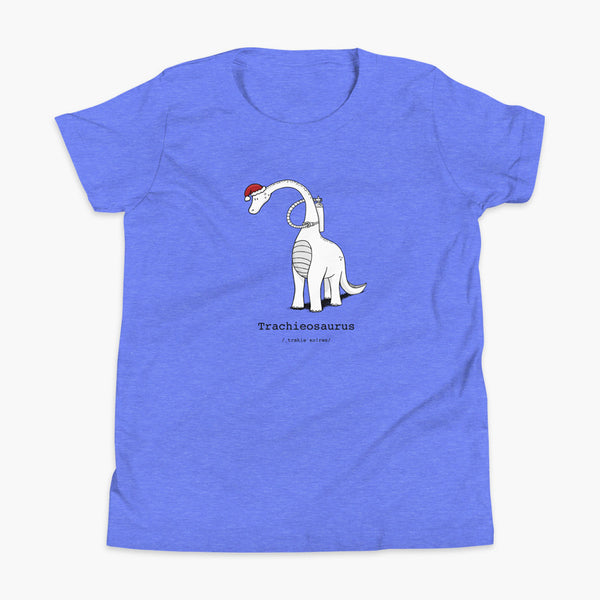 A Christmas dinosaur or trachieosaurus with a trach or tracheostomy and oxygen with a Christmas Santa hat with a stoma on a Columbia heather blue youth t-shirt