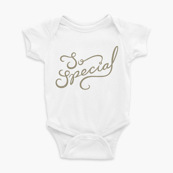 So Special Oneside - Trach and G-Tube Empowerment - Gold text on white onesie