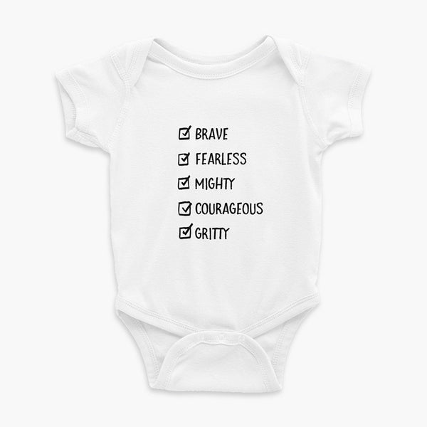 Who I Am Poly-Cotton Infant Onesie T-Shirt Brave Fearless Mighty Courageous Gritty Check White  with Black text StomaStoma
