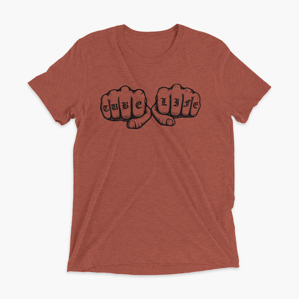 Clay Orange Tri-Blend t-shirt - tube life knuckle tattoo - for living the gtube and trach life with StomaStoma