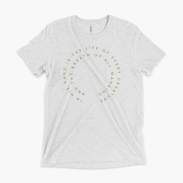 Bible Verse Job 12:10 adult Tri-Blend t-shirt for living the tubie and trach life by StomaStoma