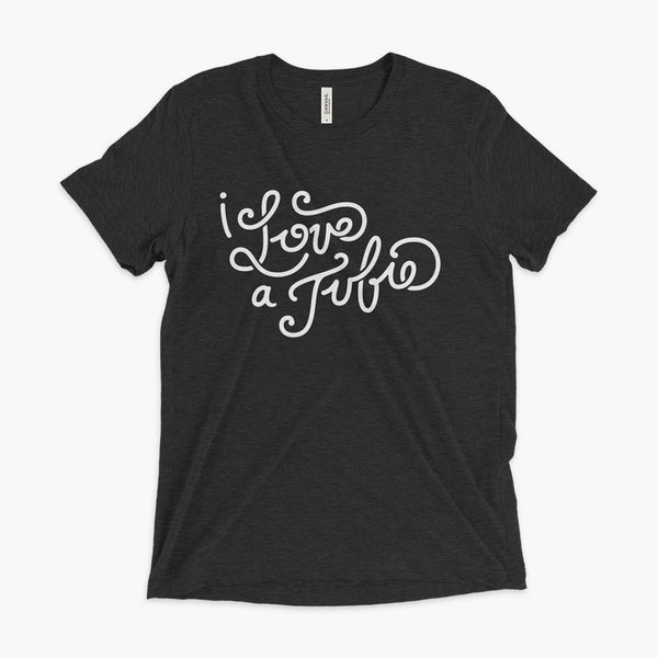I love a tubie script t-shirt charcoal grey with white text