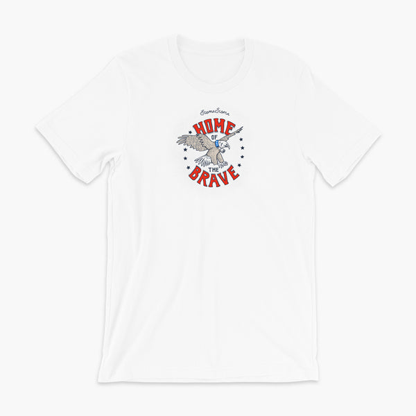A patriotic American bald eagle with a trach or tracheostomy for the 4th of July and the words StomaStoma Home of the Brave and stars on a white adult t-shirt