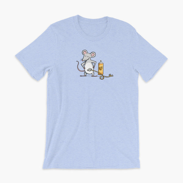 A mouse with a Mic-Key button and a g-tube extension confidently standing in front of a bottle of cheese or whiz with cheese in the g-tube on a heather blue adult t-shirt