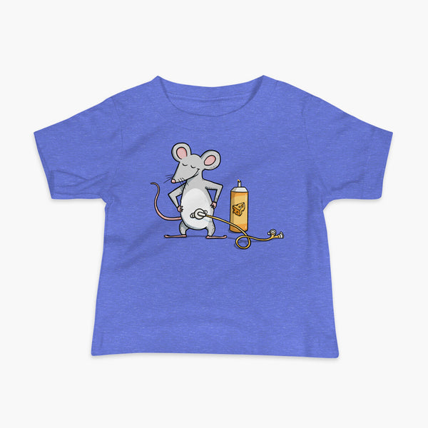 A mouse with a Mic-Key button and a g-tube extension confidently standing in front of a bottle of cheese or whiz with cheese in the g-tube on a blue infant t-shirt