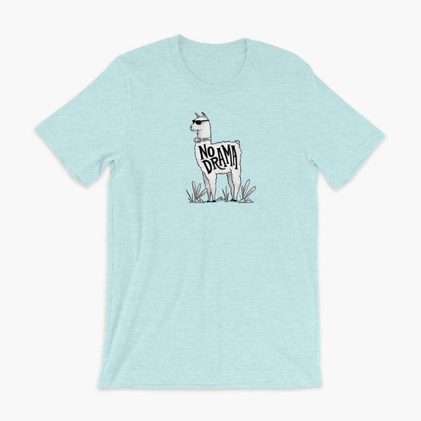 A llama that has a trach or tracheostomy with an HME and the text No Drama written on its side. It is wearing sunglasses and is super chill for the stoma life on a heather prism ice adult t-shirt.