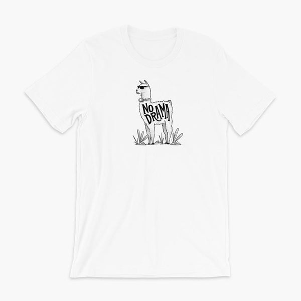 A llama that has a trach or tracheostomy with an HME and the text No Drama written on its side. It is wearing sunglasses and is super chill for the stoma life on a white adult t-shirt.
