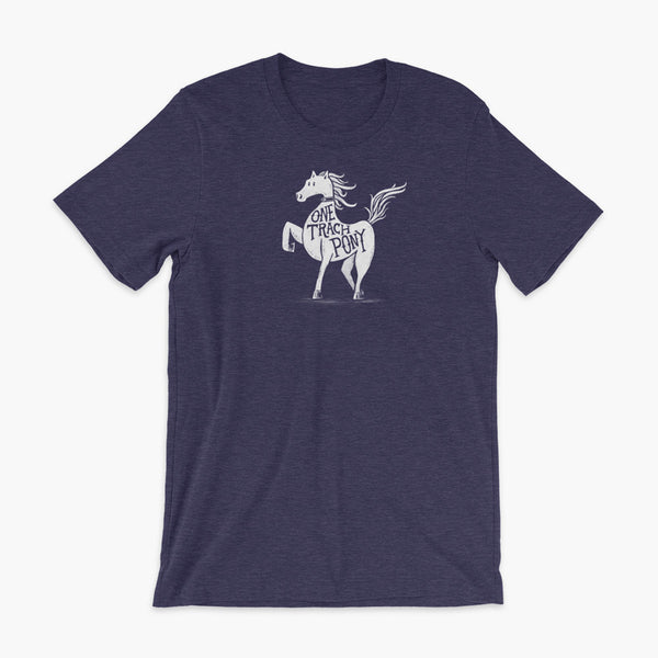 A horse or one trach pony on a midnight navy adult  t-shirt with a tracheostomy for the StomaStoma trach life
