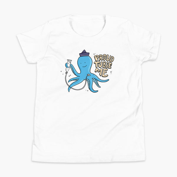 An octopus with a g-tube or gastronomy tube holding a feeding syringe doing a gravity feed in the ocean or underwater using his FreeArm feeding assistant with a stoma on a white youth t-shirt