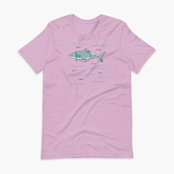 A Great White Shark with a trach or tracheostomy and tubing that goes to an oxygen or 02 tank on his back. swimming in the ocean with fish on a heather prism lilac blue adult t-shirt