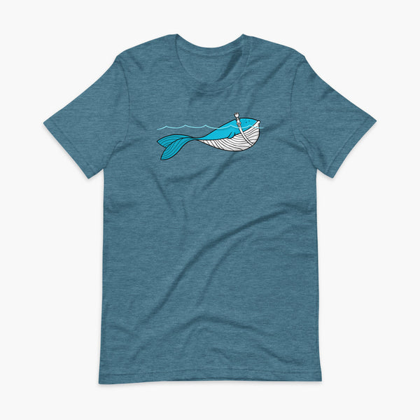 A blue whale with a trach or tracheostomy over his blow hole is happy and swimming in the water or ocean while living the trach life with his stoma on an adult heather deep teal t-shirt