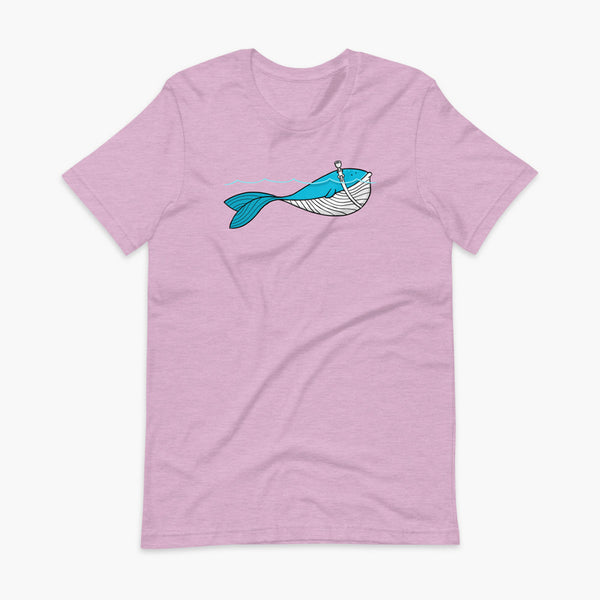 A blue whale with a trach or tracheostomy over his blow hole is happy and swimming in the water or ocean while living the trach life with his stoma on an adult heather prism lilac t-shirt