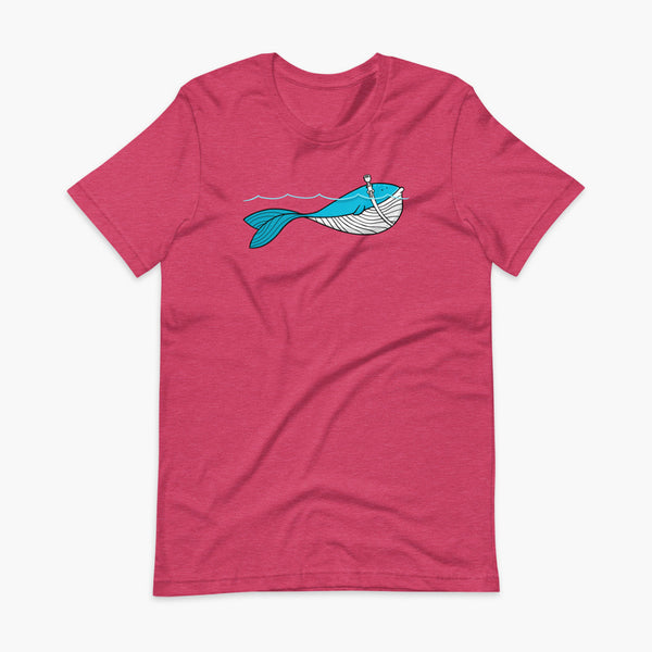 A blue whale with a trach or tracheostomy over his blow hole is happy and swimming in the water or ocean while living the trach life with his stoma on an adult heather raspberry t-shirt