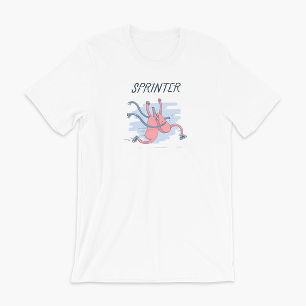 a pair of lungs is running with shoes on an breaking through tubing with the word sprinter above - this is for the trach or tracheostomy on a white adult t-shirt