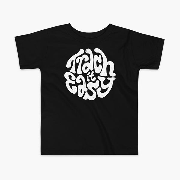 White text that says Trach It Easy for living the tracheostomy life with StomaStoma on a black kids t-shirt