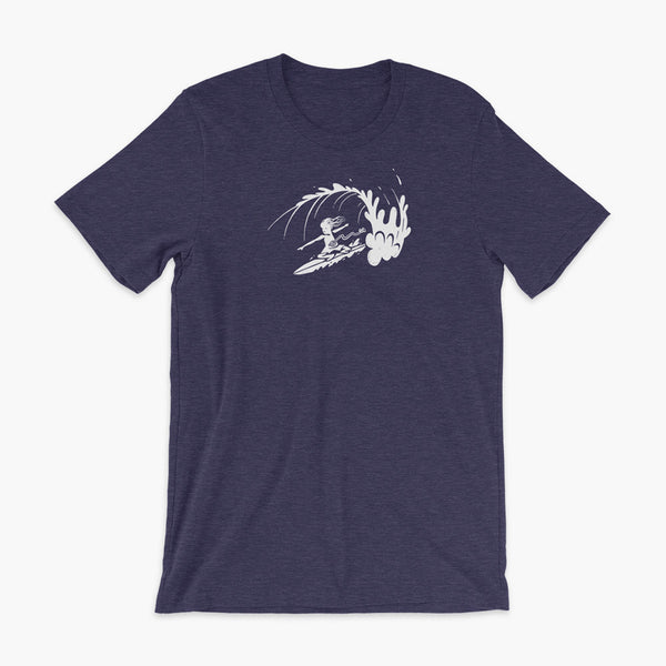 A white block print style illustration of a young kid surfing in a wave, getting tubed or barreled and he has a g-tube flowing from his stomach as he flies down the line on a heather midnight navy adult t-shirt