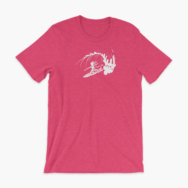A white block print style illustration of a young kid surfing in a wave, getting tubed or barreled and he has a g-tube flowing from his stomach as he flies down the line on a heather raspberry adult t-shirt