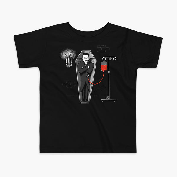 A halloween vampire is sleeping in a coffin in his castle and eating blood through a drip blood bag directly into his g-tube or gastronomy tube and g-tube mic-key a black kids t-shirt