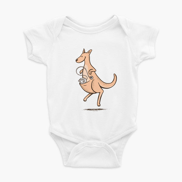 A happy orange tube kangaroo hops along with her Joey feeding pump and feeding tube sitting in her pouch with a g-tube on a white infant onesie 