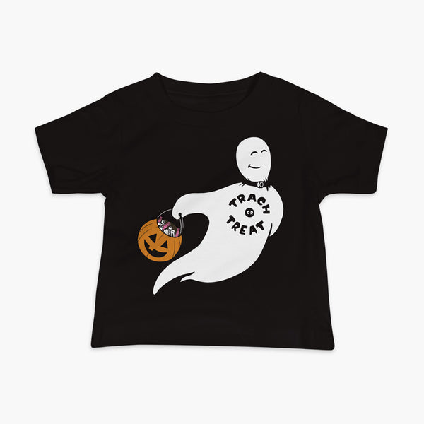 a ghost with a trach or tracheostomy with a Halloween Pumpkin full of trachs, saline bullets is flying through the air trach or treat on a black infant t-shirt