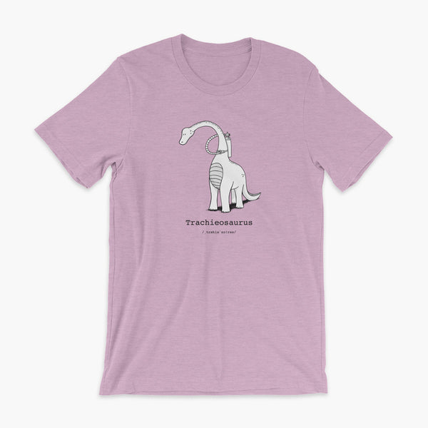 Trachieosaurus a dinosaur with a trach or tracheostomy and oxygen for living the trach life with a tracheostomy by StomaStoma on a white heather lilac t-shirt