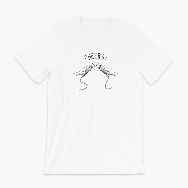 Cheers! Two hands holding feeding tubes cheersing like champagne flutes on a white adult t-shirt