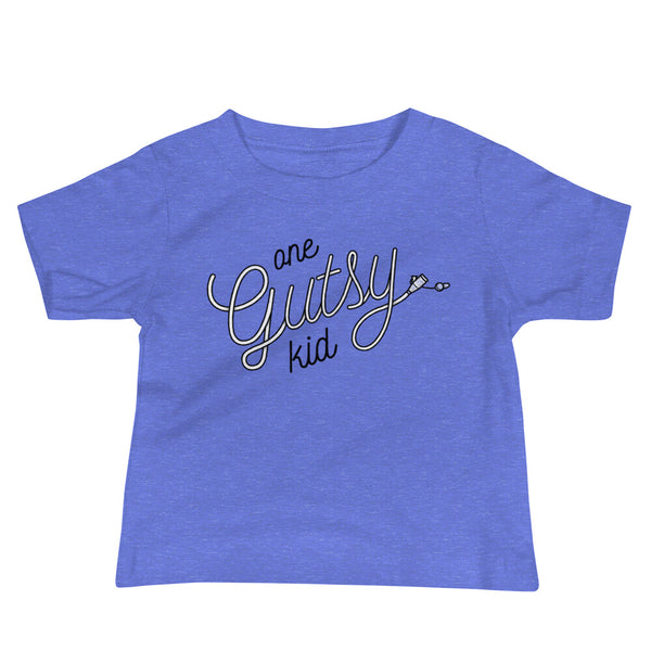 Script text that says one gutsy kid out of a g-tube or feeding tube in the stoma for a tubie life by StomaStoma on a heather columbia blue infant t-shirt