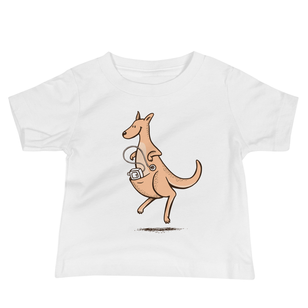 A happy orange kangaroo hops along with her Joey feeding pump and feeding tube sitting in her pouch with a g-tube in the stoma on a white infant t-shirt.