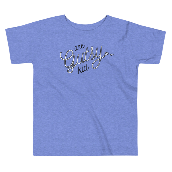 Script text that says one gutsy kid out of a g-tube or feeding tube in the stoma for a tubie life by StomaStoma on a heather columbia blue kids t-shirt.