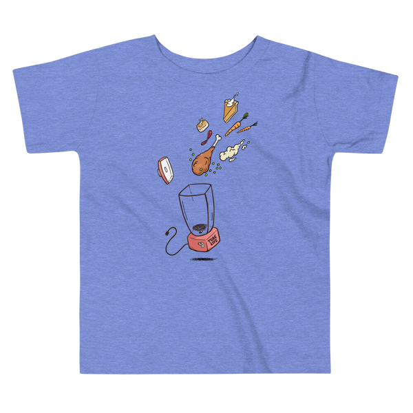 A Thanksgiving dinner getting thrown into a blender - a turkey leg, mashed potatoes, carrots, pumpkin pie and bread on a heather columbia blue kids t-shirt. A meal for those who are living the g-tube or Tube Life with a stoma.