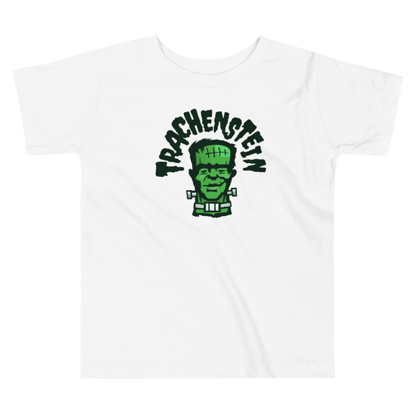 A Frankenstein monster called Trachenstein with an trach or tracheostomy and HME on a white kids t-shirt