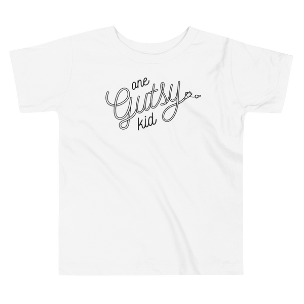 Script text that says one gutsy kid out of a g-tube or feeding tube in the stoma for a tubie life by StomaStoma on a white kids t-shirt.