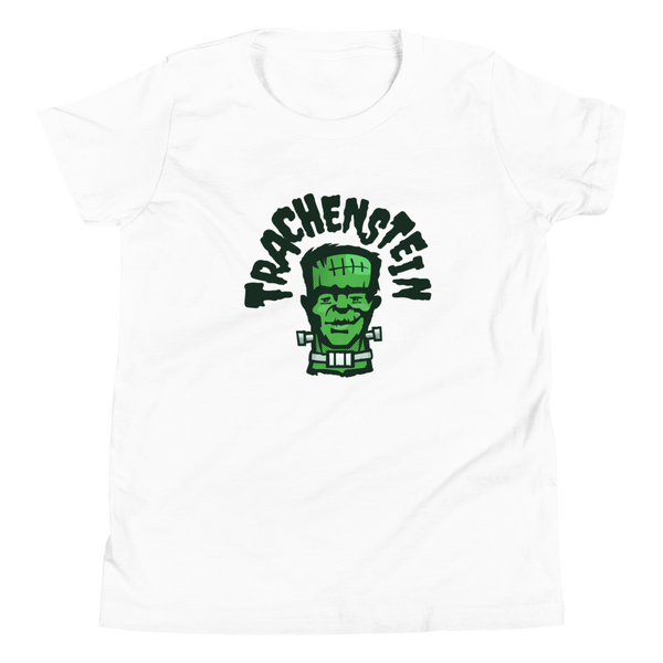 A Frankenstein monster called Trachenstein with an trach or tracheostomy and HME on a white Youth t-shirt