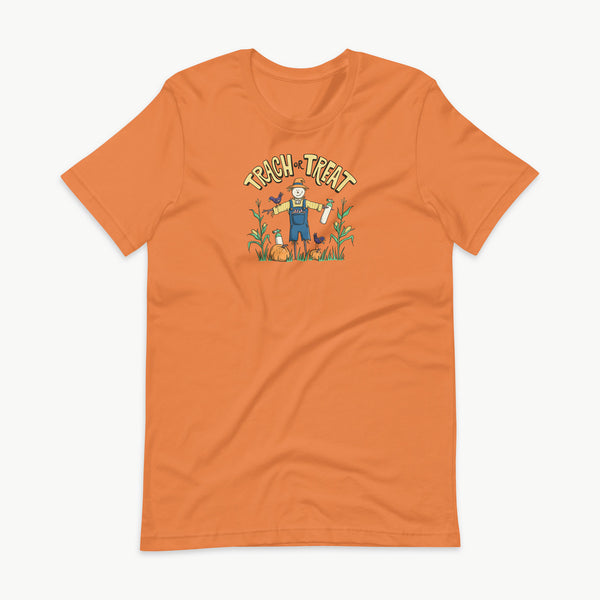 Trach or Treat Halloween t-shirt in burnt orange with scarecrow and oxygen tank design for tracheostomy families