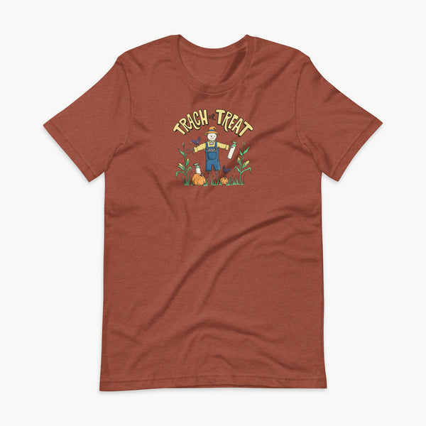 Trach or Treat Halloween t-shirt in heather clay with scarecrow and oxygen tank design for tracheostomy families