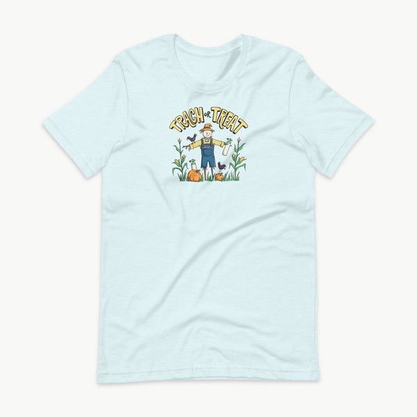 Trach or Treat Halloween t-shirt in heather ice blue with scarecrow and oxygen tank design for tracheostomy families