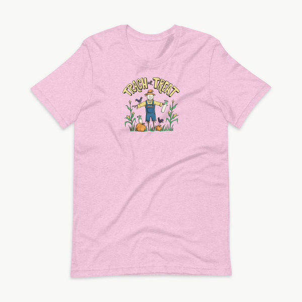Trach or Treat Halloween t-shirt in heather prism lilac with scarecrow and oxygen tank design for tracheostomy families