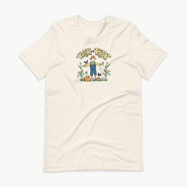 Trach or Treat Halloween t-shirt in vintage white with scarecrow and oxygen tank design for tracheostomy families