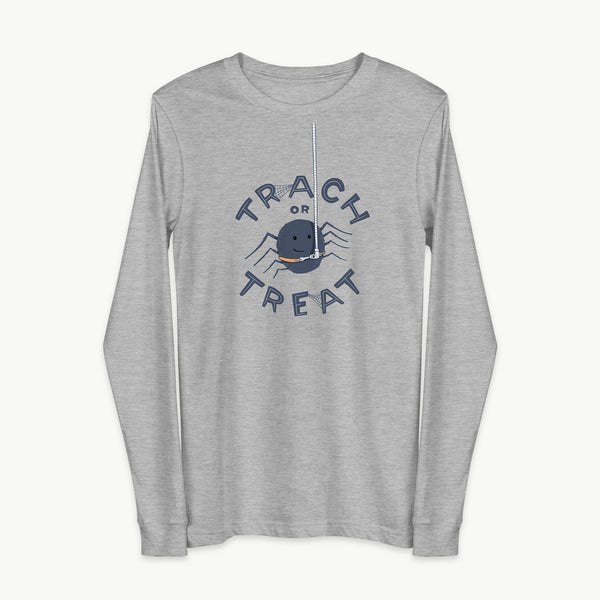 Trach or Treat Spider adult long sleeve t-shirt in Athletic Heather, front view