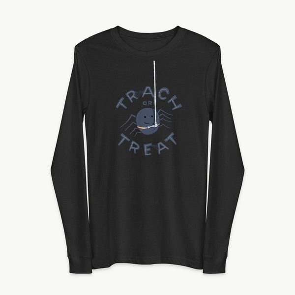 Trach or Treat Spider adult long sleeve t-shirt in Black Heather, front view