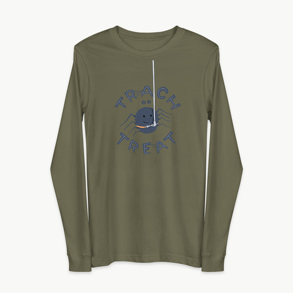 Trach or Treat Spider adult long sleeve t-shirt in Military Green, front view