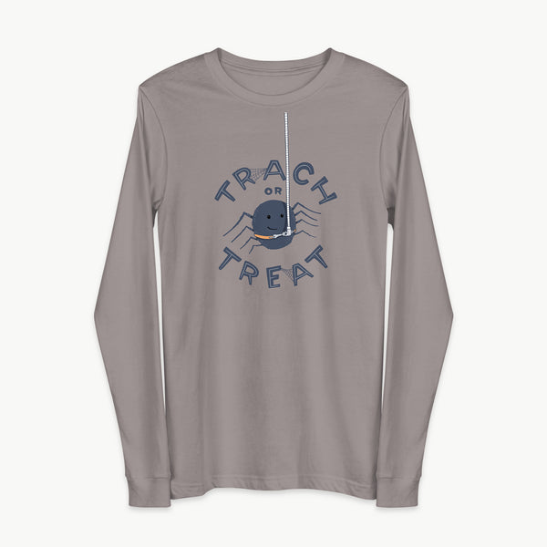 Trach or Treat Spider adult long sleeve t-shirt in Storm, front view