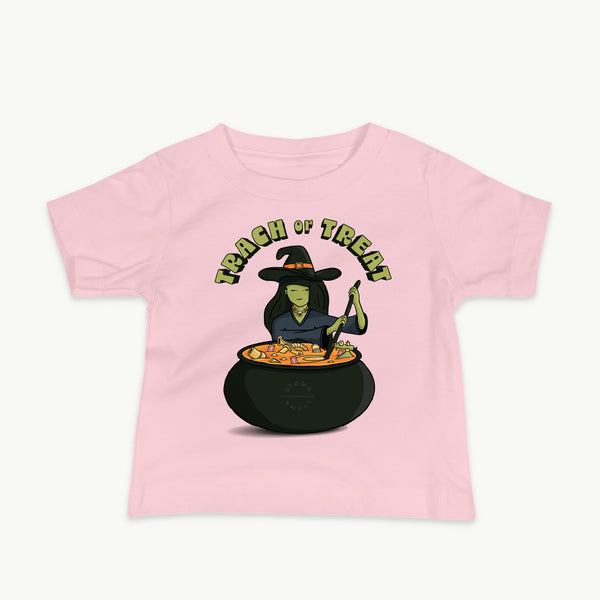 Trach or Treat Witch infant t-shirt in Pink, front view