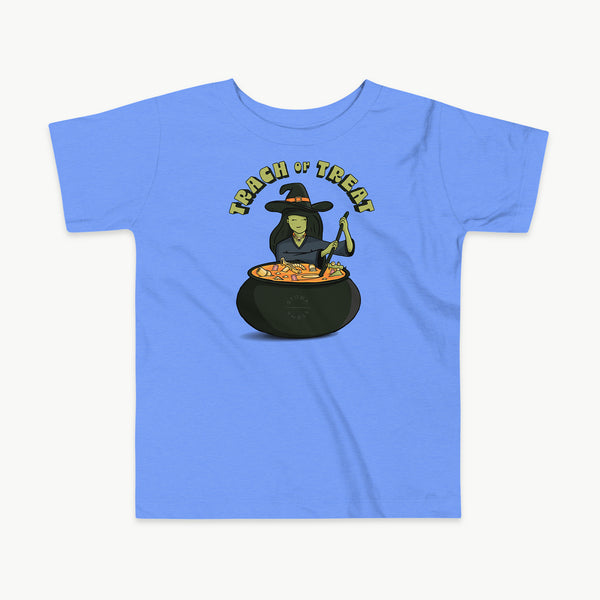 Trach or Treat Witch kids t-shirt in Heather Columbia Blue, front view