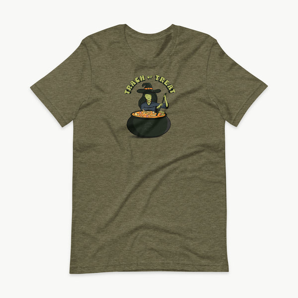Trach or Treat Witch adult t-shirt in Heather Olive, front view